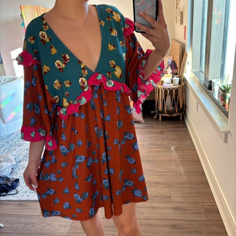 Anthropologie Ruffled Sleep Mini Dress with unique S pink and blue flared